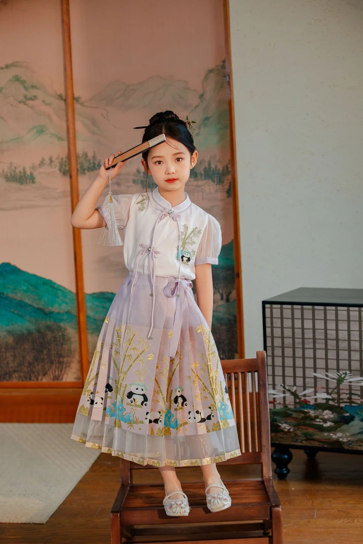 H国风【盘扣熊猫-织金马面裙套装】新款2025女童公主裙