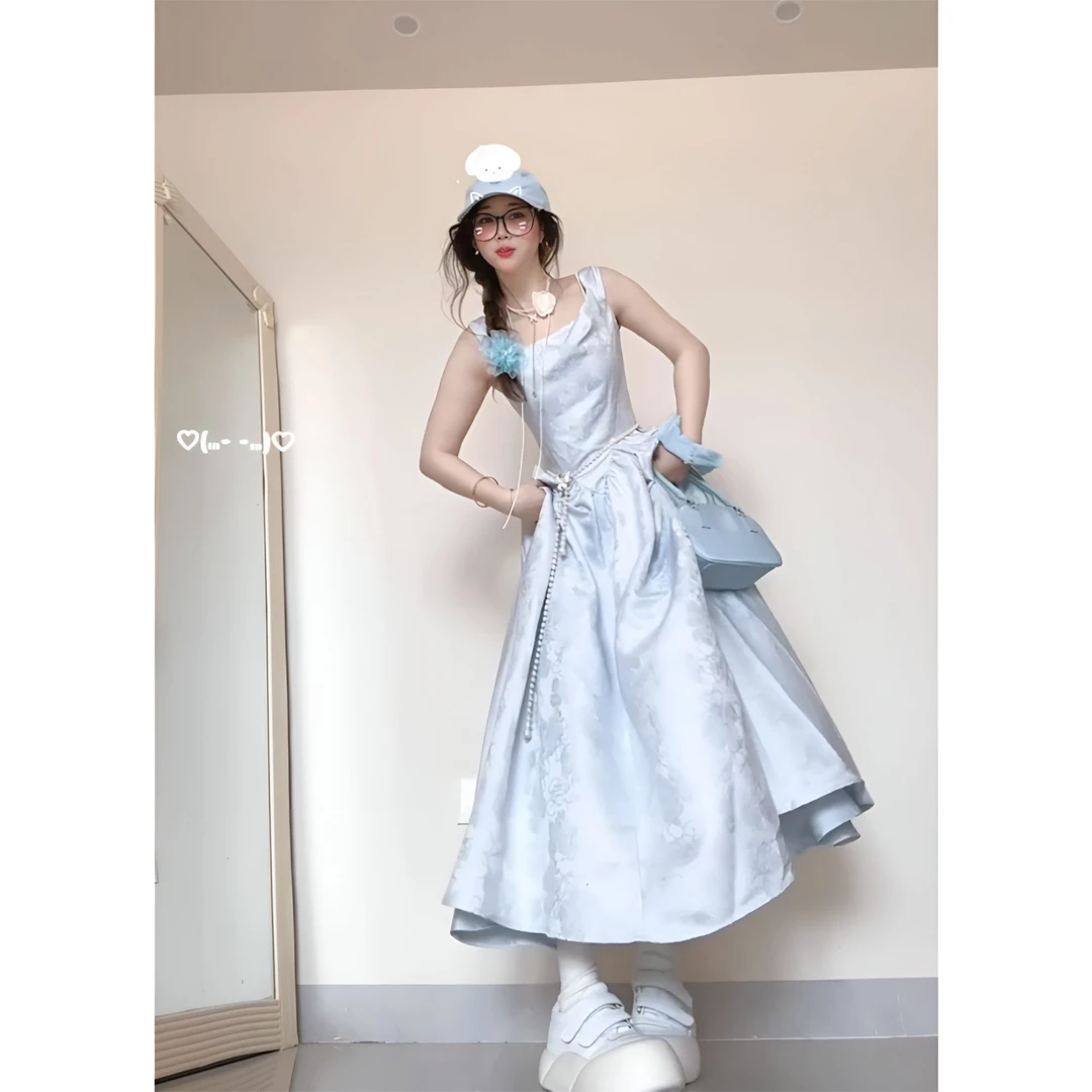 法式荡领吊带连衣裙女夏季新款度假风公主裙气质高级感大摆长裙子