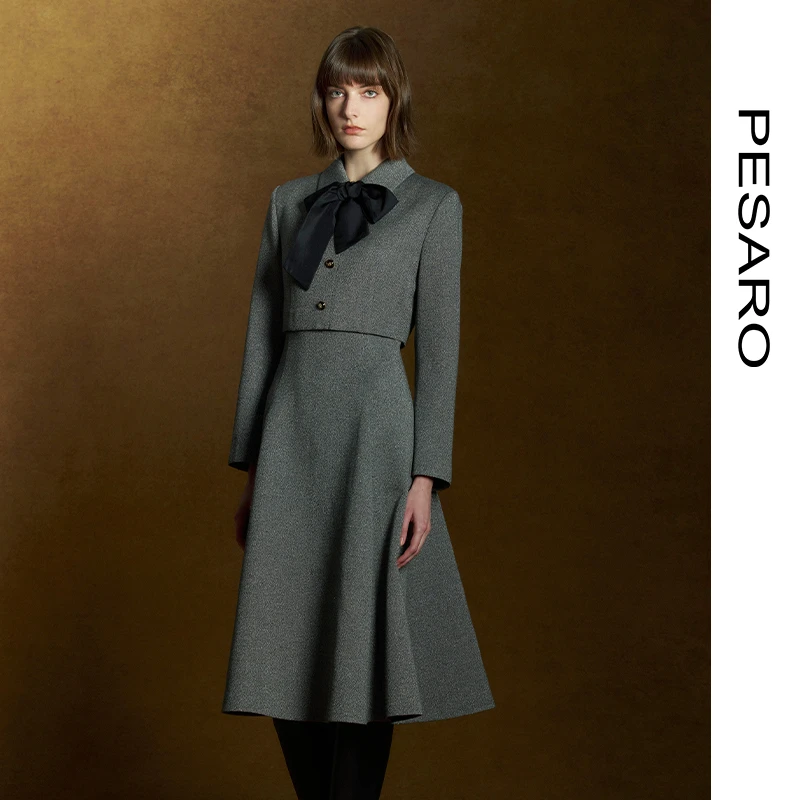 PESARO蕙玲气质灰色连衣裙 翻领蝴蝶结纽扣设计时4209-2022