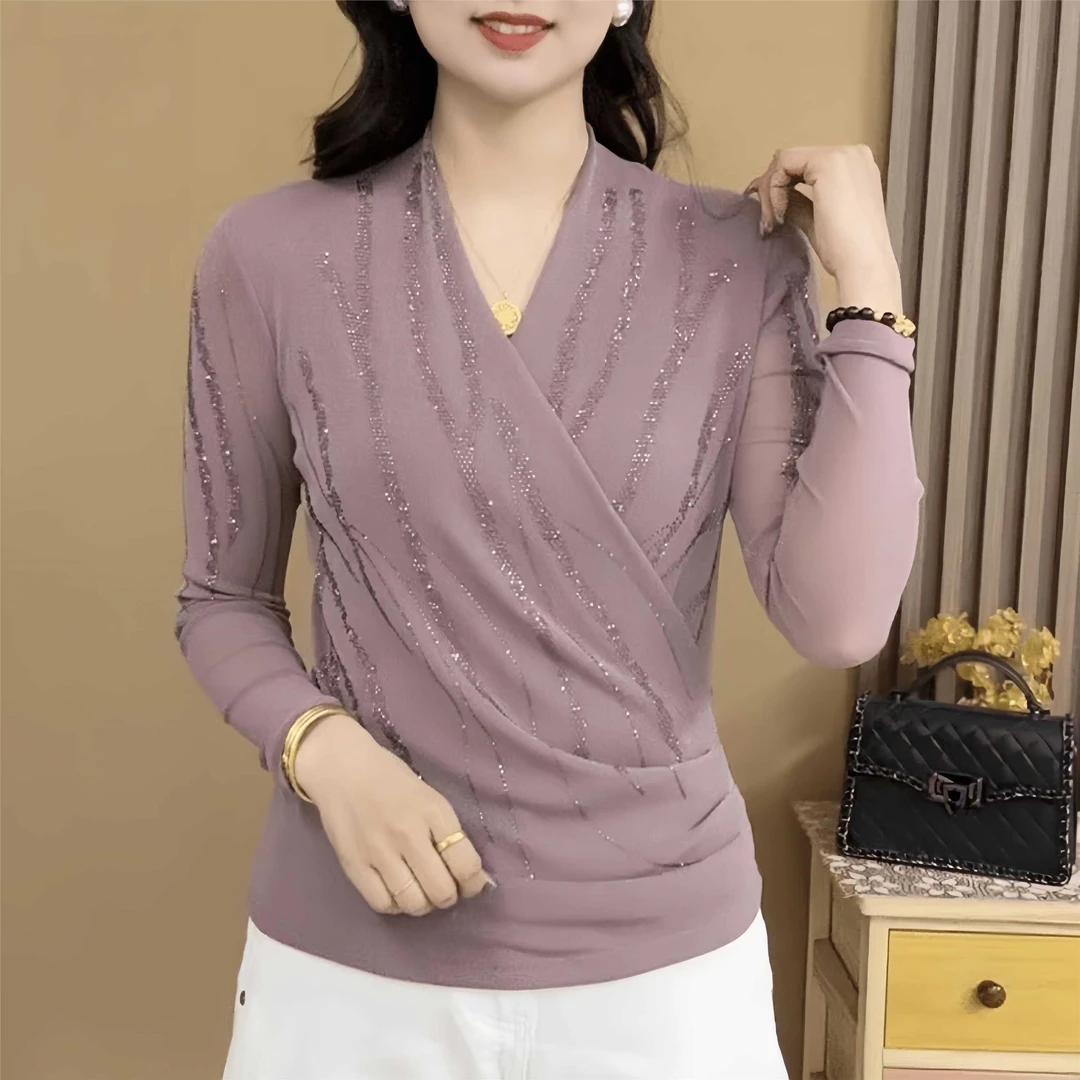 2025年交叉领烫钻打底衫春季百搭休闲显瘦长袖上衣休闲大码