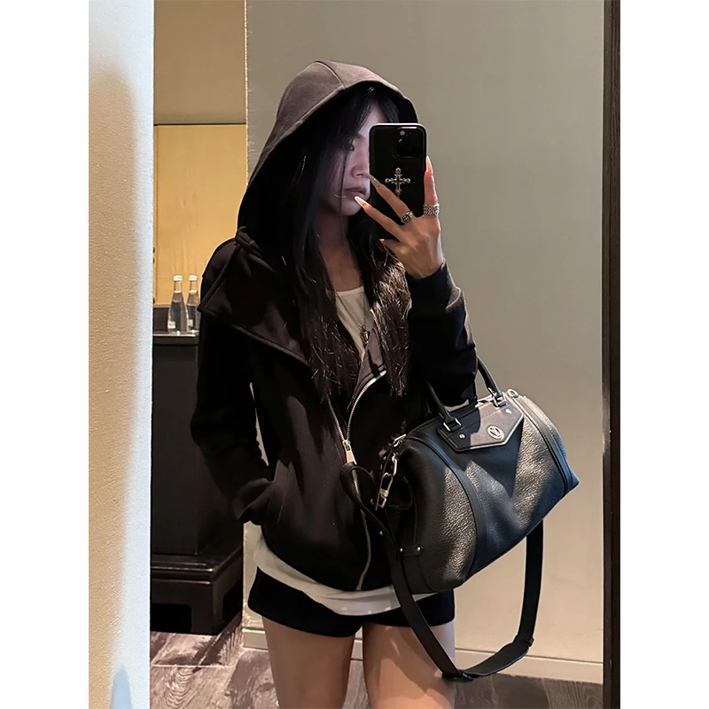 美式复古翻领外套女设计感小众2025秋季新款黑色短款辣妹宽松上衣