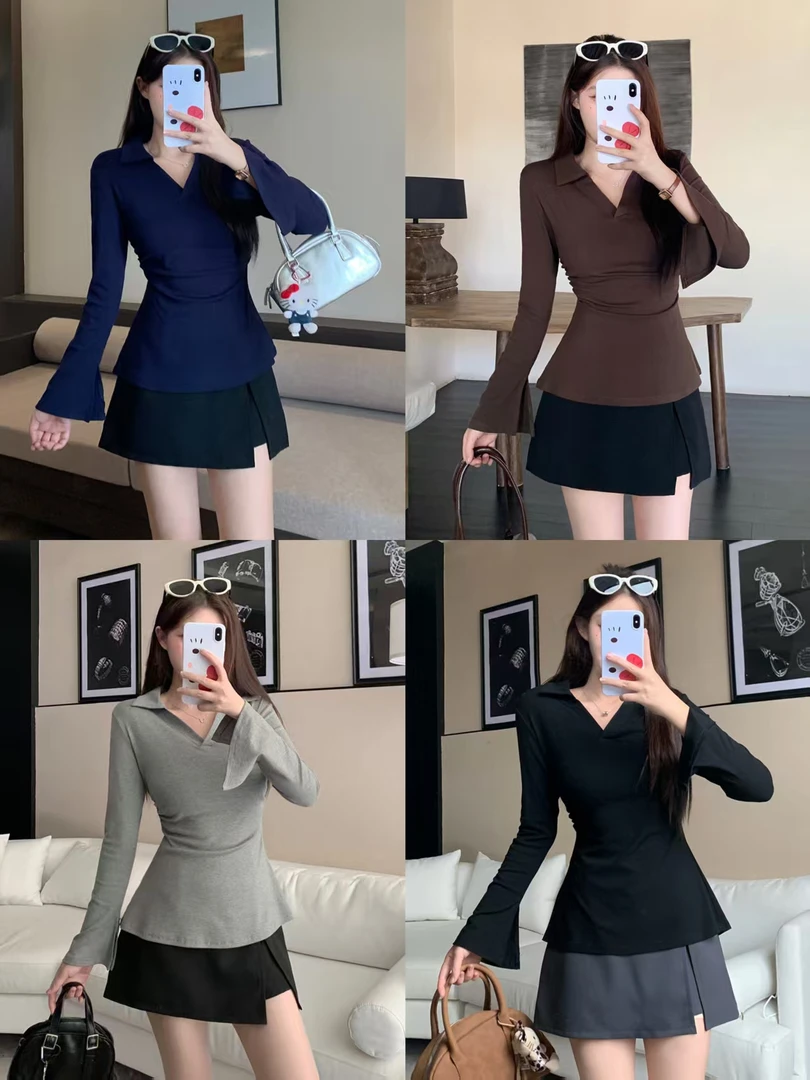 2025秋季新款喇叭袖收腰上衣开叉A字辣妹短裙两件套3716/3136