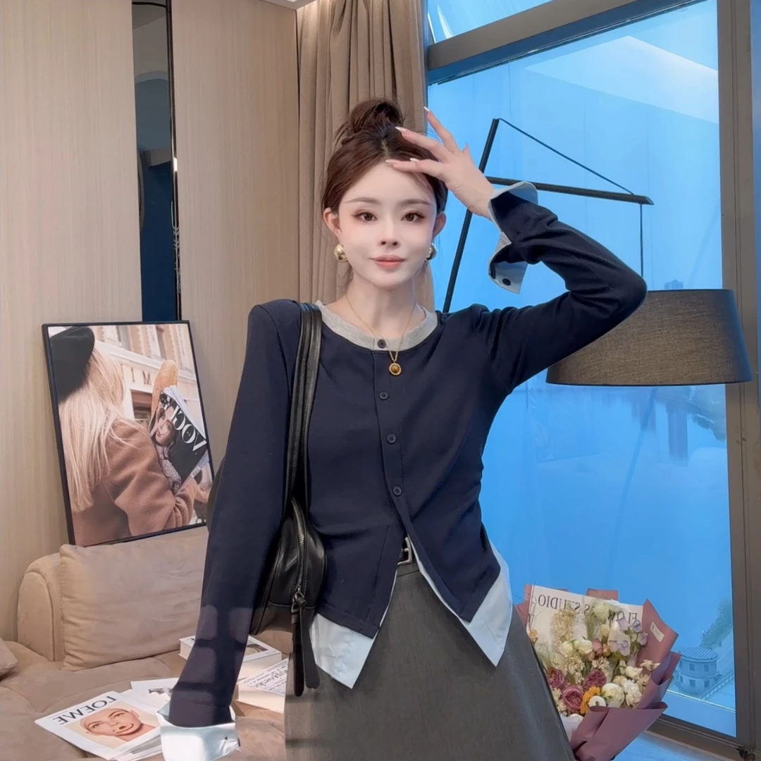 【晓溪服饰】春季新款韩版设计感撞色拼接长袖上衣假两件T恤6081