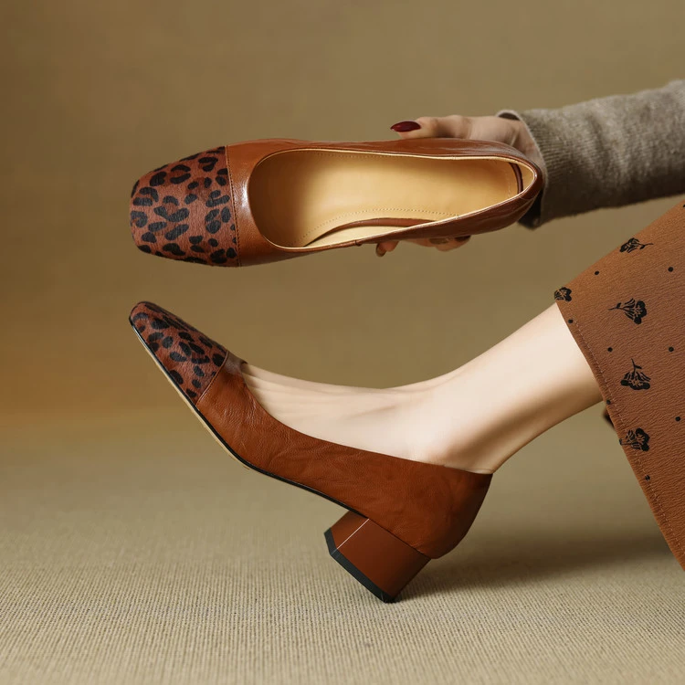 跟高4cm 法式优雅气质百搭粗跟浅口单鞋春季简约小众时尚方头单鞋