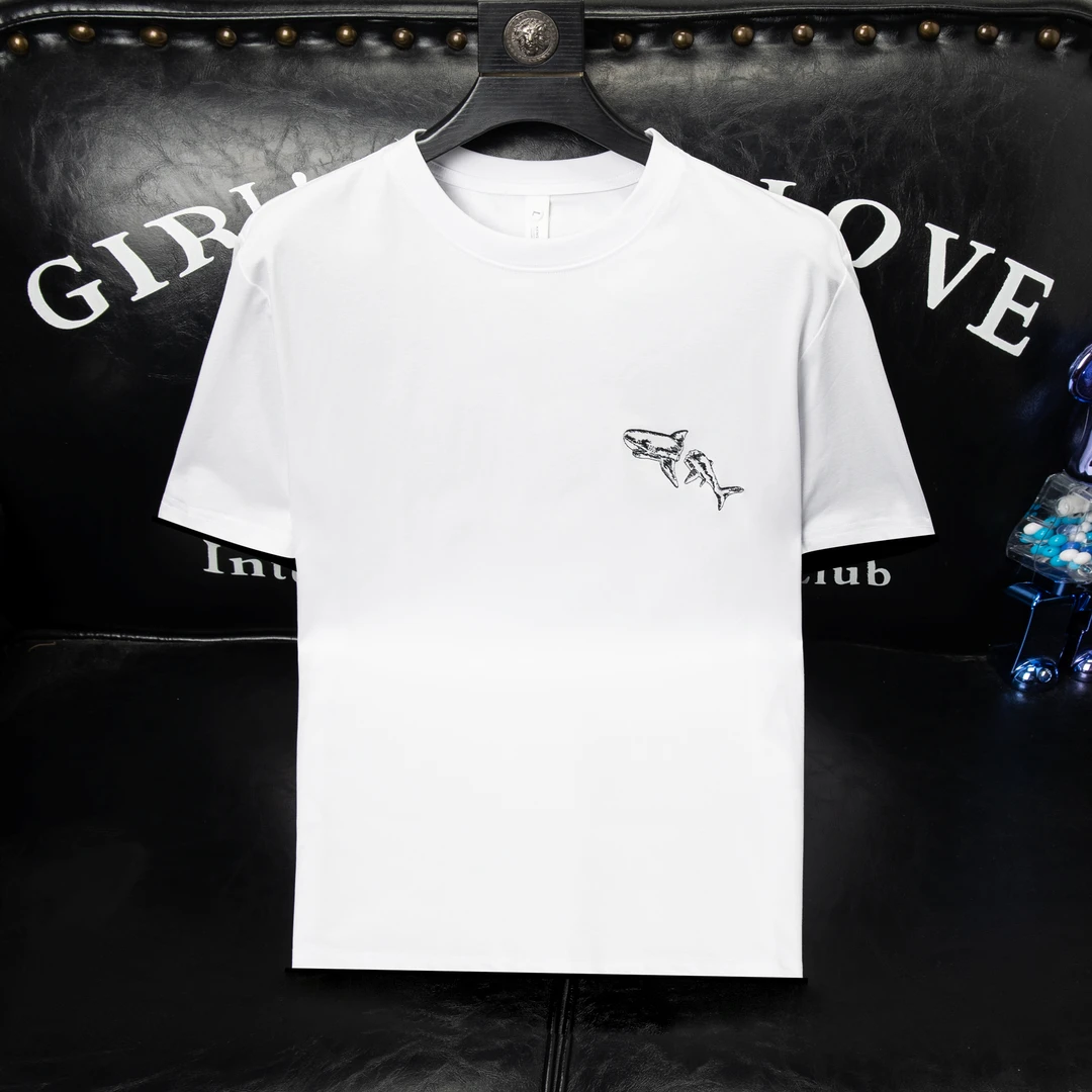 欧货夏季高端轻奢个性刺绣半袖男士纯色短袖时尚圆领T恤青年上衣