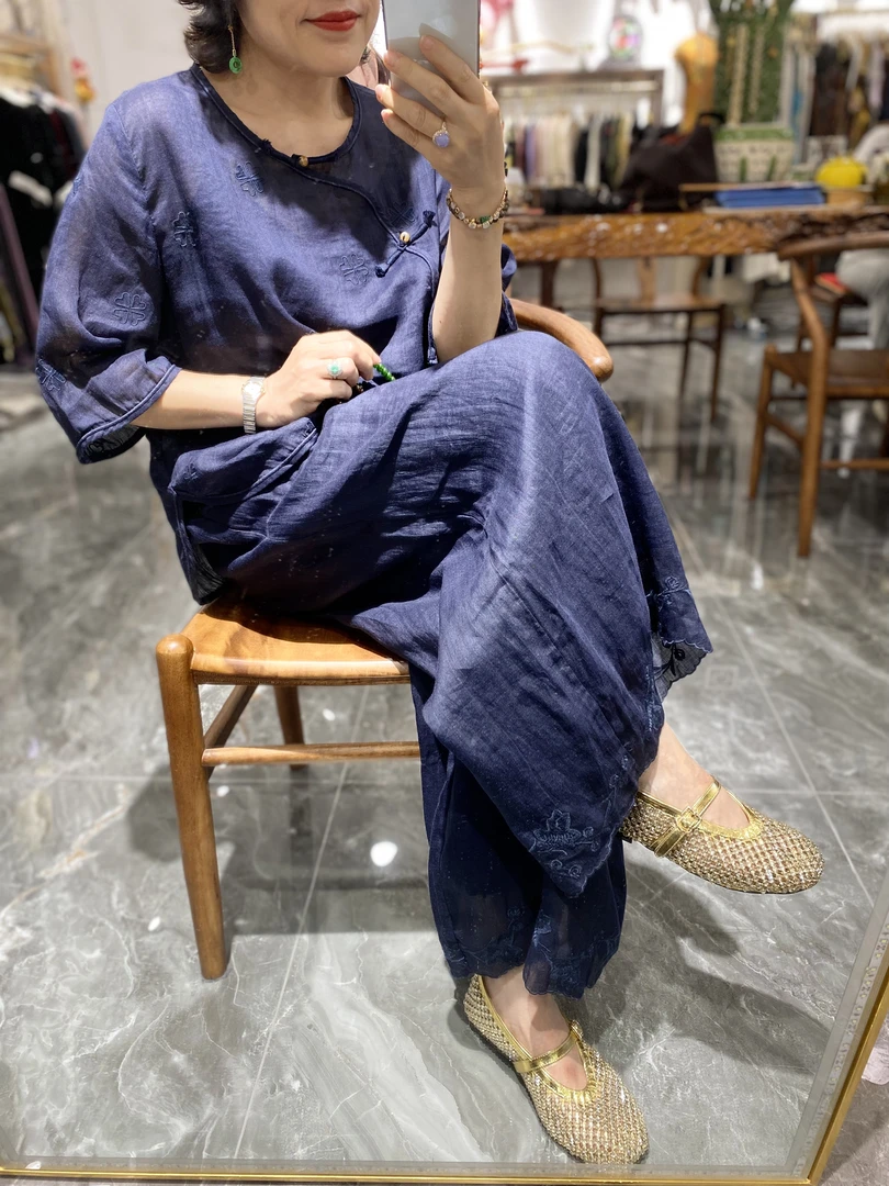 春夏新款纯色休闲百搭文艺宽松苎麻衬衫刺绣休闲清凉斜襟上衣中式