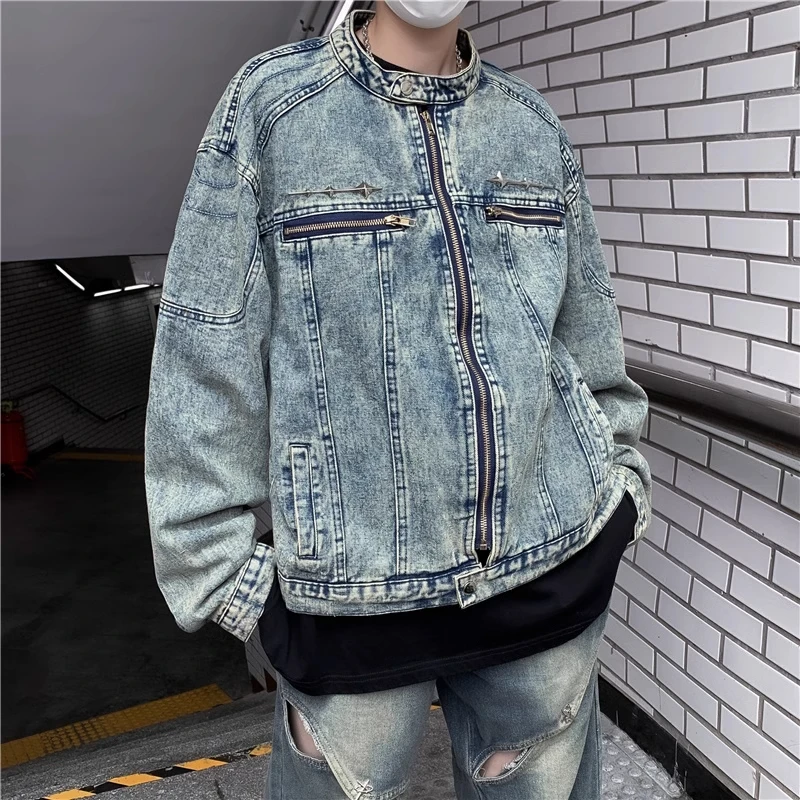 特大码300斤水洗牛仔外套男街头痞帅宽松机车风嘻哈立领美式夹克2