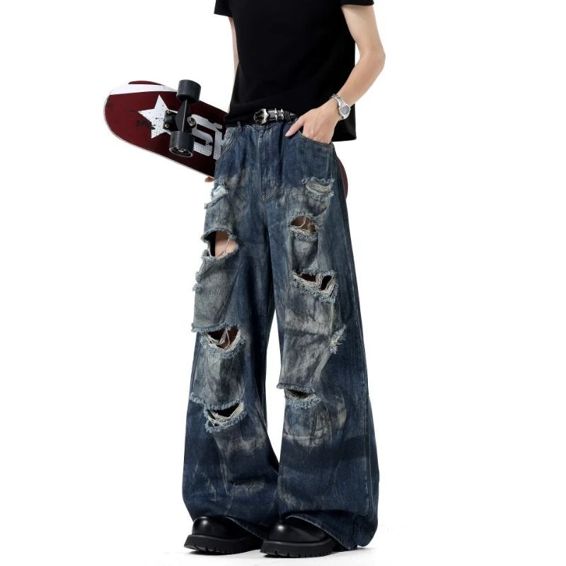 废土风水洗做旧破洞牛仔裤男女夏季美式设计感弯刀裤阔腿休闲裤潮
