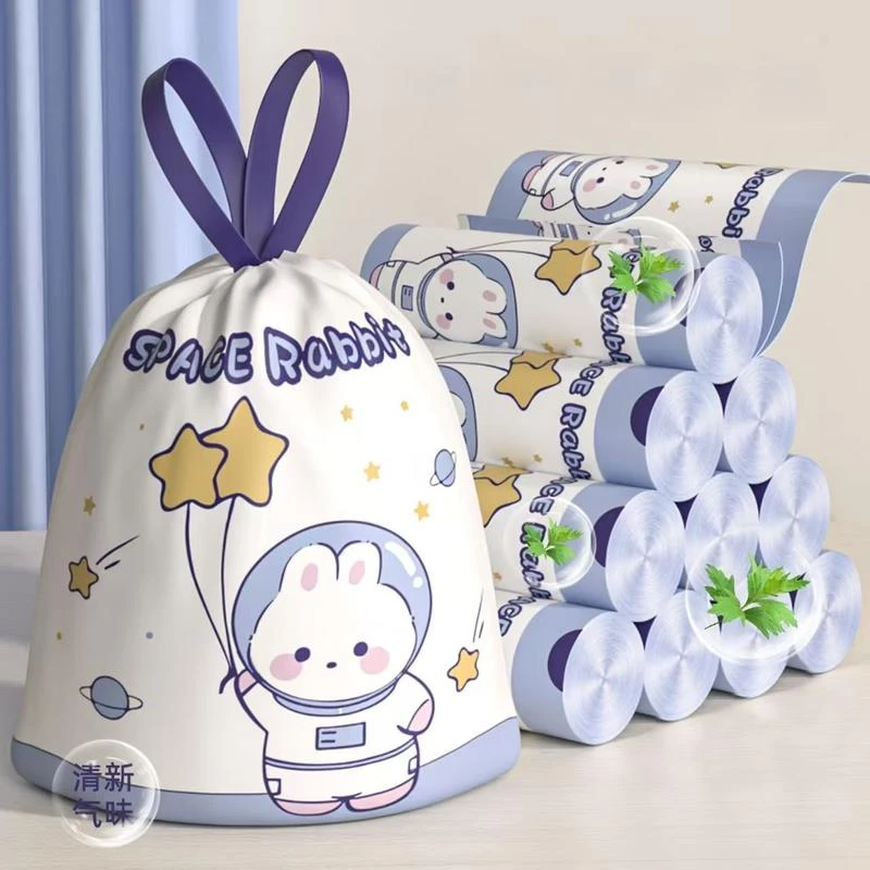 垃圾袋家用加厚 一次性免撕太空人图案印花垃圾袋家用抽绳式袋子