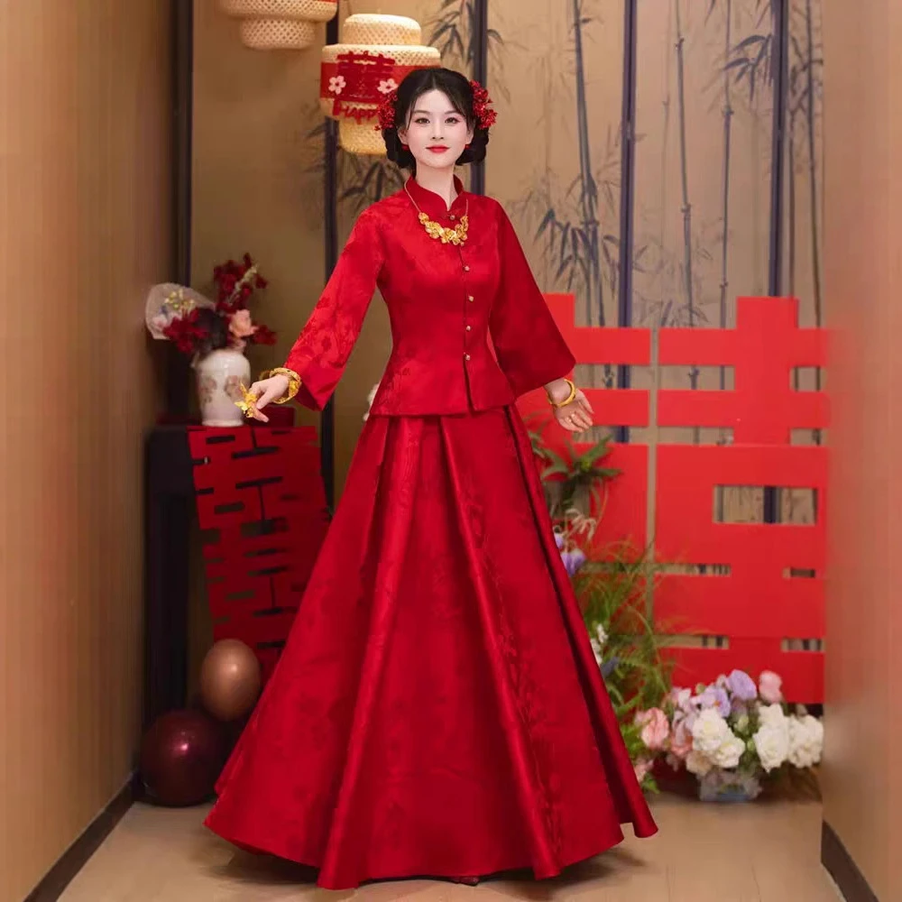 敬酒服新娘2025新款订婚结婚宴酒红色喜庆礼服裙回门出阁便装长袖