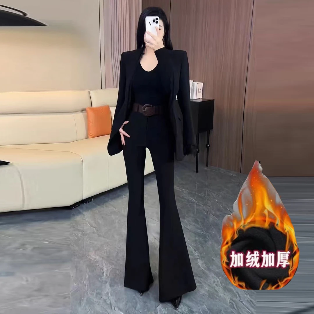 黑色辣妹高腰微喇叭裤女秋冬时尚韩版喇叭修身马蹄长裤5335#