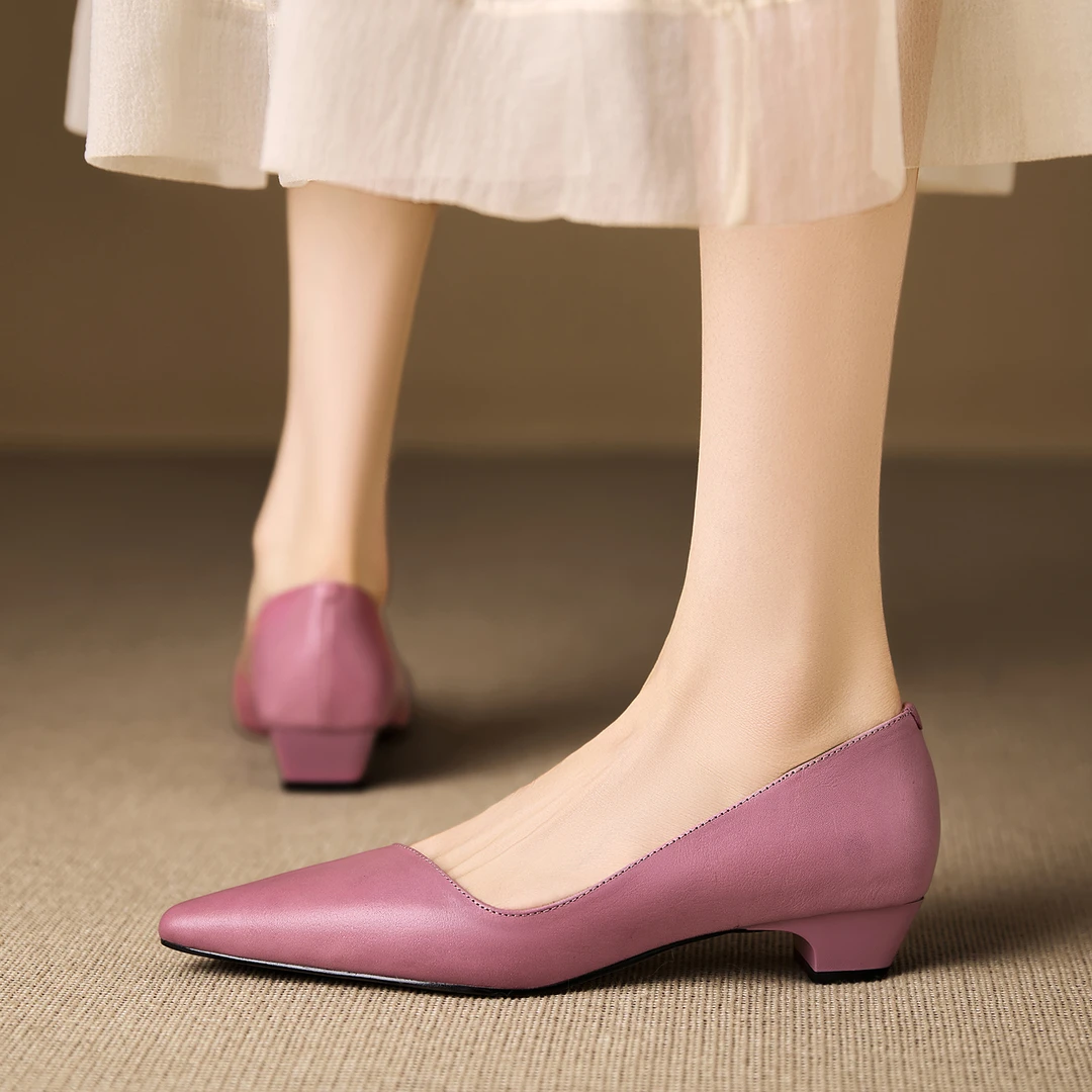 3cm~好穿不累脚粗跟浅口真皮单鞋女气质工作职业小皮鞋软底通勤OL