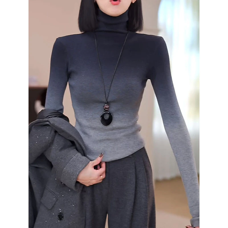 高级感灰渐变高领针织衫女2025秋冬季新款小众设计感修身打底上衣