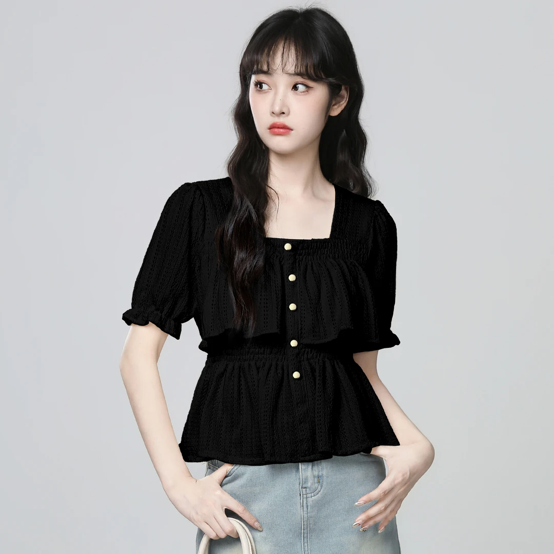 黑色镂空方领短袖衬衫女夏2025夏季新款荷叶边娃娃衫衬衣短款上衣