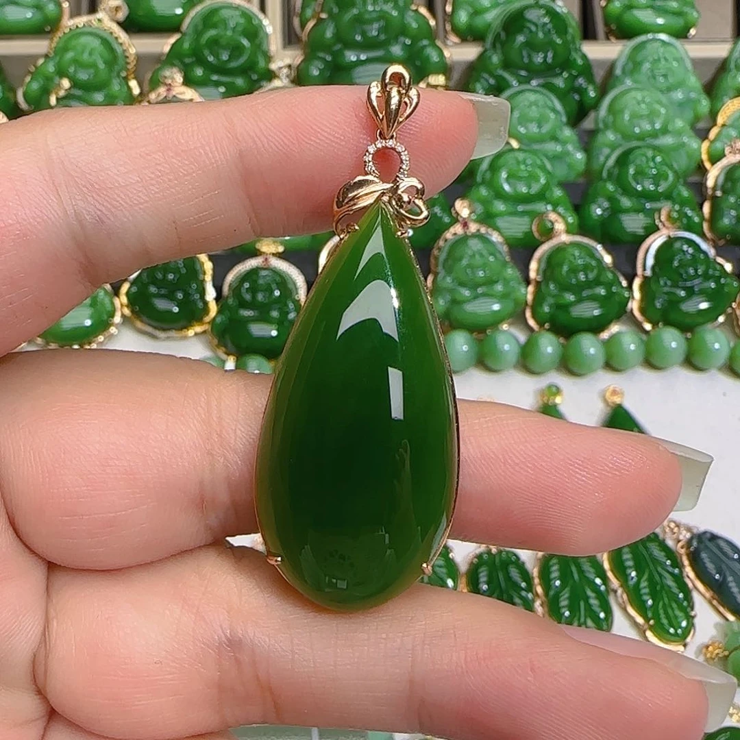 和田玉（碧玉）吊坠(不含链)18K金镶嵌扬****制