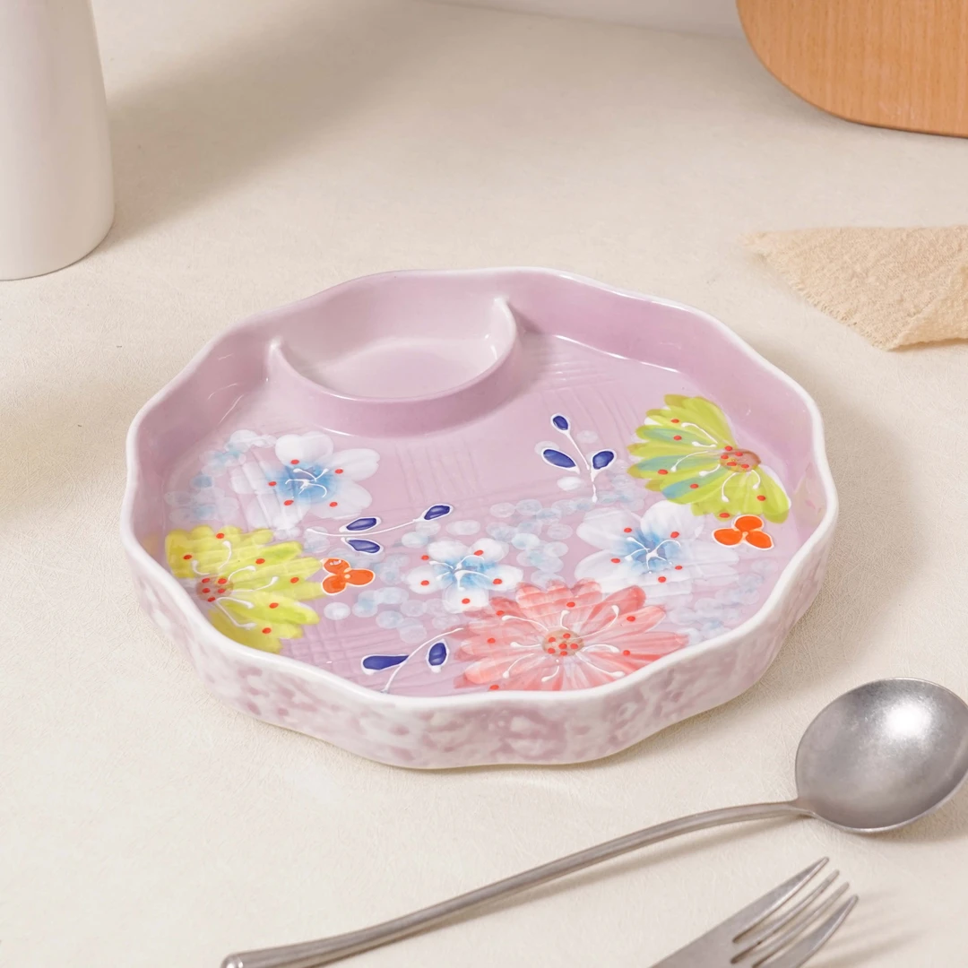 手绘釉下彩濑户烧紫色手绘月季圆形饺子盘