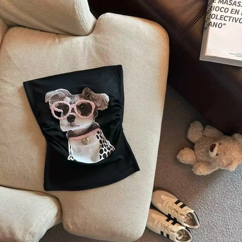 2025小狗吊带背心女夏季泰式辣妹一字肩抹胸小上衣带胸垫裹胸外穿