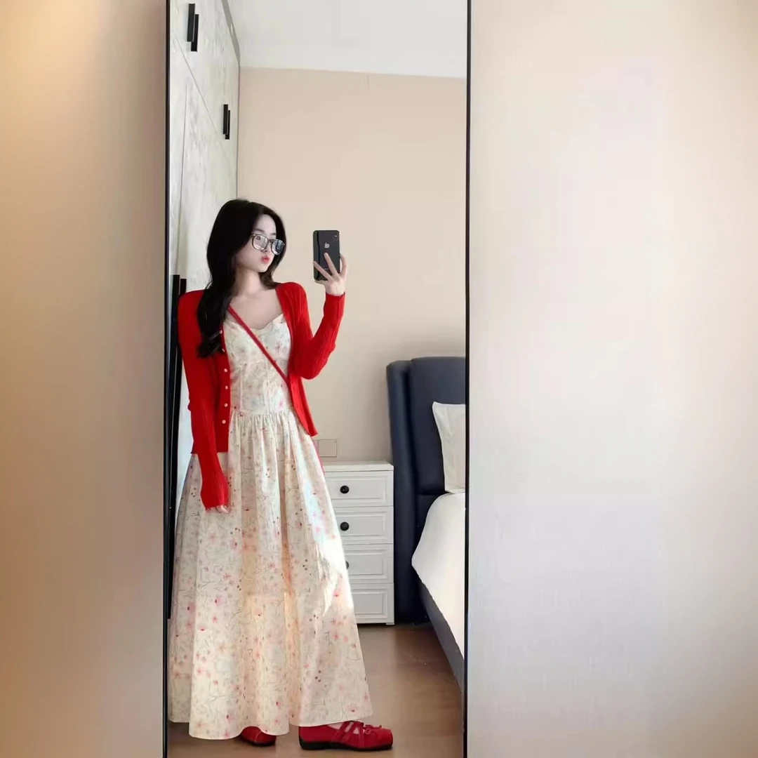 小个子2025春夏新款碎花文艺甜美吊带长裙连衣裙毛针织开衫两件套