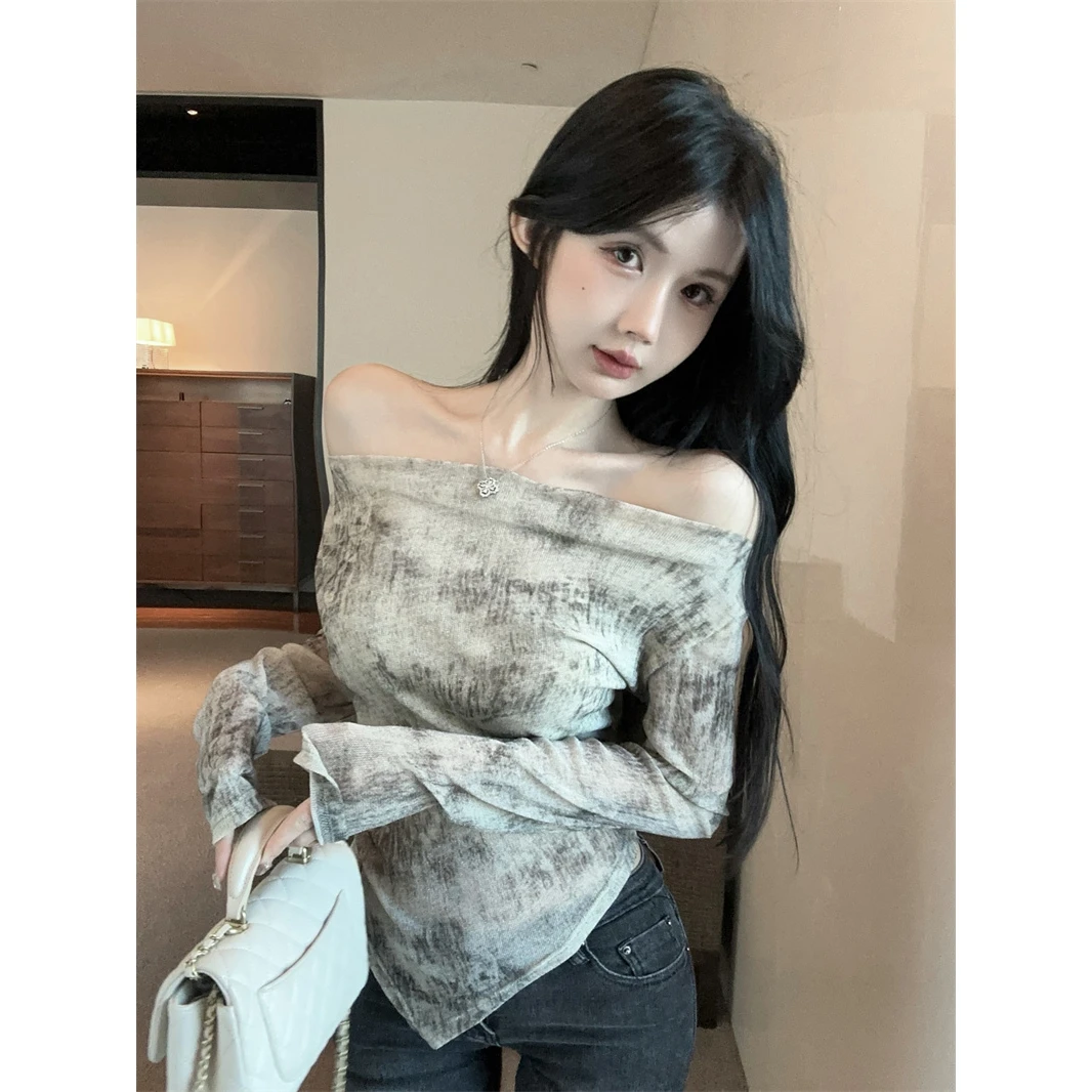 实拍设计感不规则扎染长袖修身显瘦打底衫上衣实价内搭夏季外穿