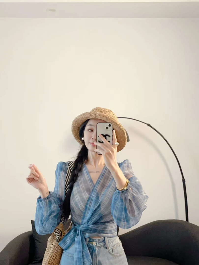 韩版田园风时尚印花V领绑带高级感修身显瘦百搭洋气减龄休闲衬衫