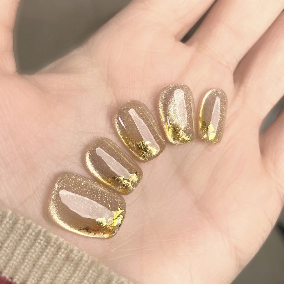 【雨露】纯手工穿戴甲-裸色猫眼爆闪百搭美甲贴片