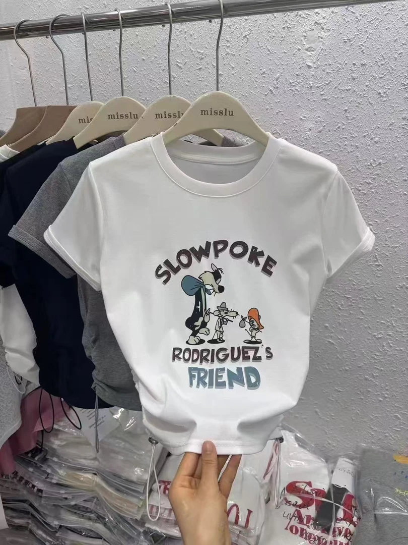 【IWM6279】圆领短袖短款明线装饰宽松型T恤洋气白色职场新中式6279