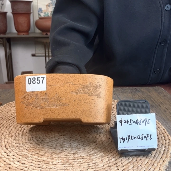 紫砂花盆特惠柴烧山水刻绘腰圆0857