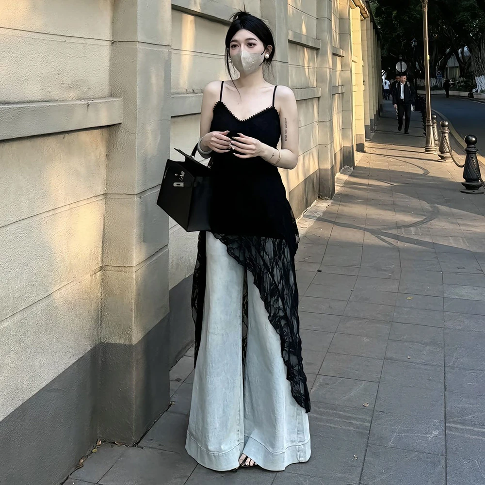 法式黑色蕾丝拖尾不规则下摆开叉黑色背心蕾丝拼接气质吊带上衣夏