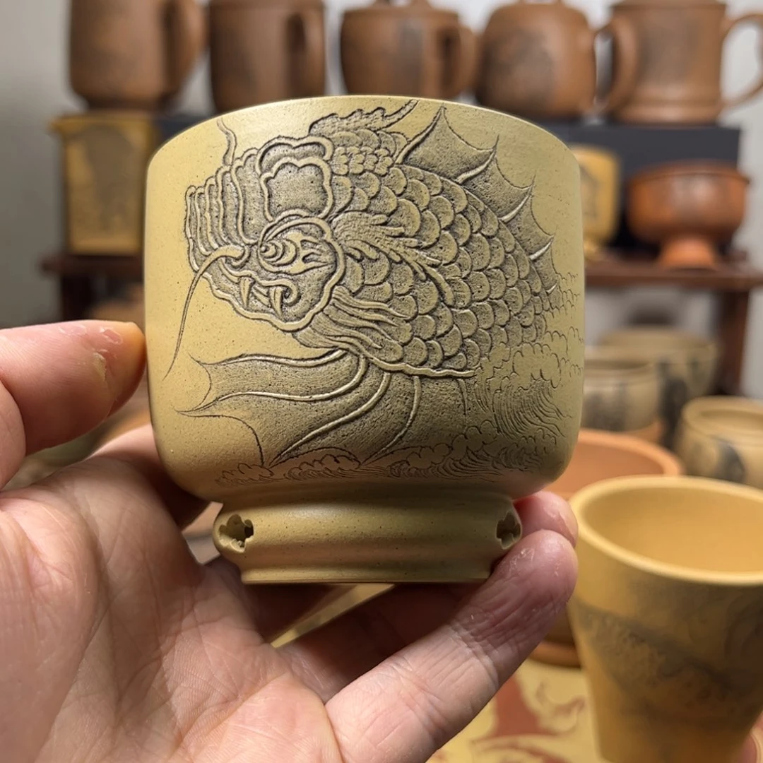 紫砂杯子用****7微瑕疵无锦盒鱼化龙刻绘紫砂主人杯