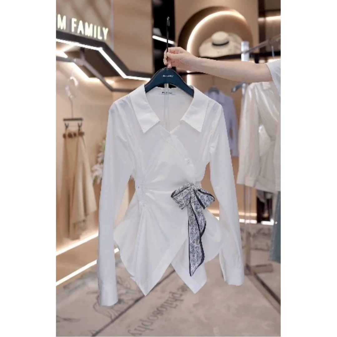 法式气质白色翻领长袖衬衫女秋季新款设计感小众系带收腰通勤上衣