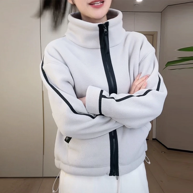 休闲宽松立领开衫外套女2025秋冬季新款撞色拼接时尚百搭短款上衣