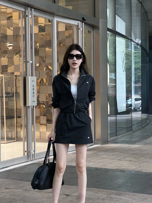 【孙钰颍】黑色防晒套装炸街休闲夏季时尚套装短款上衣短裙百搭时尚