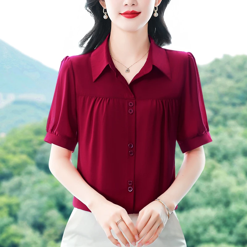 红色大码女士显瘦翻领衬衫成人夏季显瘦衬衫时尚七分袖宽松遮肚子