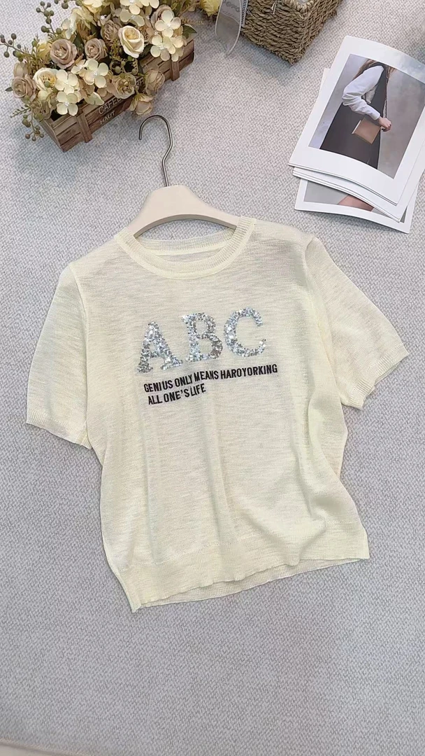 丽丽家~ABC字母黄短袖时尚休闲百搭夏季印花圆领上衣581