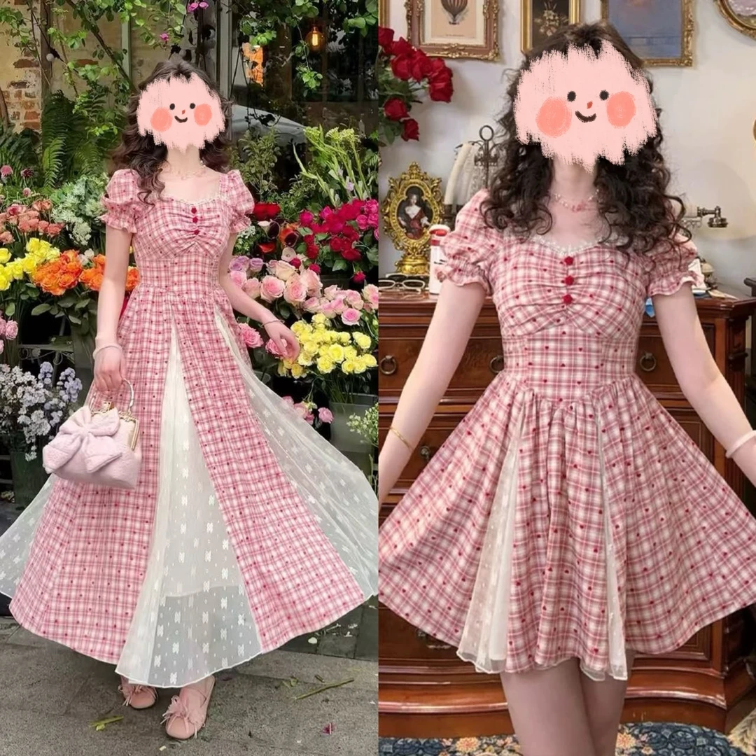 大码法式百搭格子蕾丝拼接连衣裙夏季复古长裙588-1#短裙588#