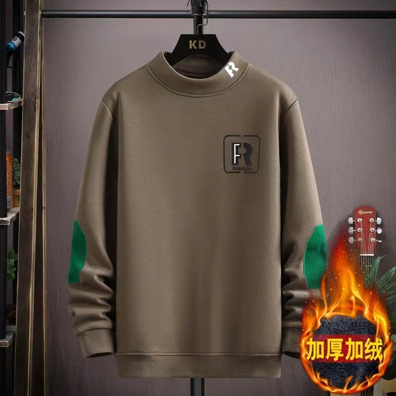 2025春季新款半高领加绒男士卫衣时尚潮流百搭圆领套头长袖卫衣男