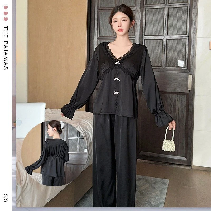 透气贴肤女生睡衣两件套夏季冰丝长袖长裤蕾丝甜美清新睡衣套装