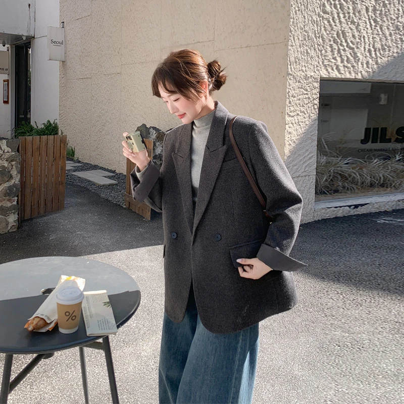 韩系简约通勤风西装式羽绒服2025冬季新款90白鹅绒毛呢西服外套潮