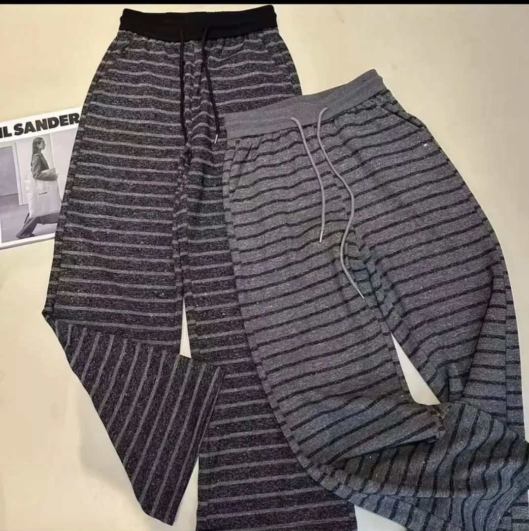 时尚条纹长裤女高腰显瘦休闲百搭直筒裤