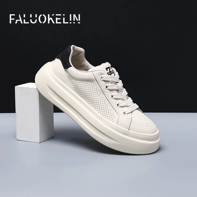 夏季镂空真皮透气平底小白鞋男士时尚百搭休闲舒适软底软面板鞋