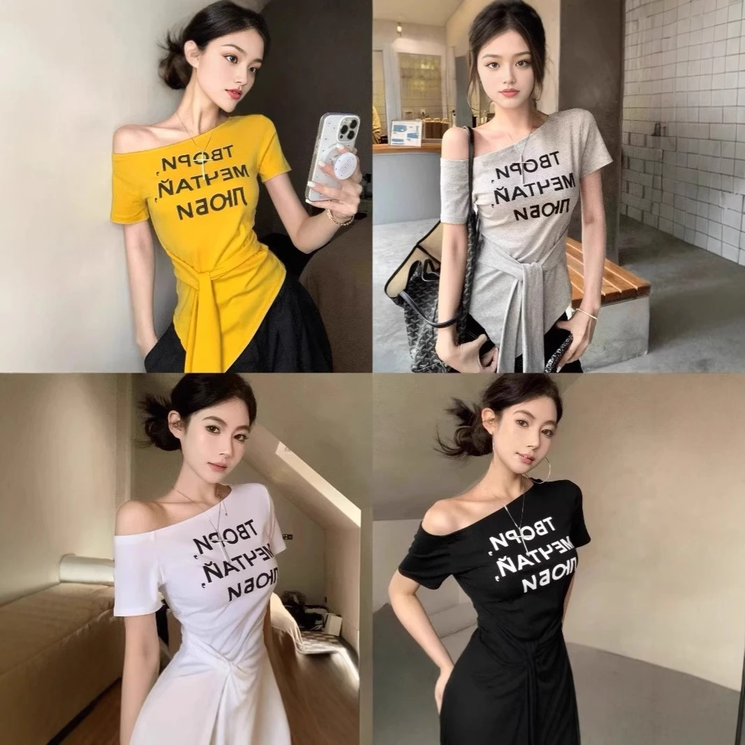 美式辣妹绑带收腰显瘦修身上衣不规则下摆斜肩字母印花T恤优衣库