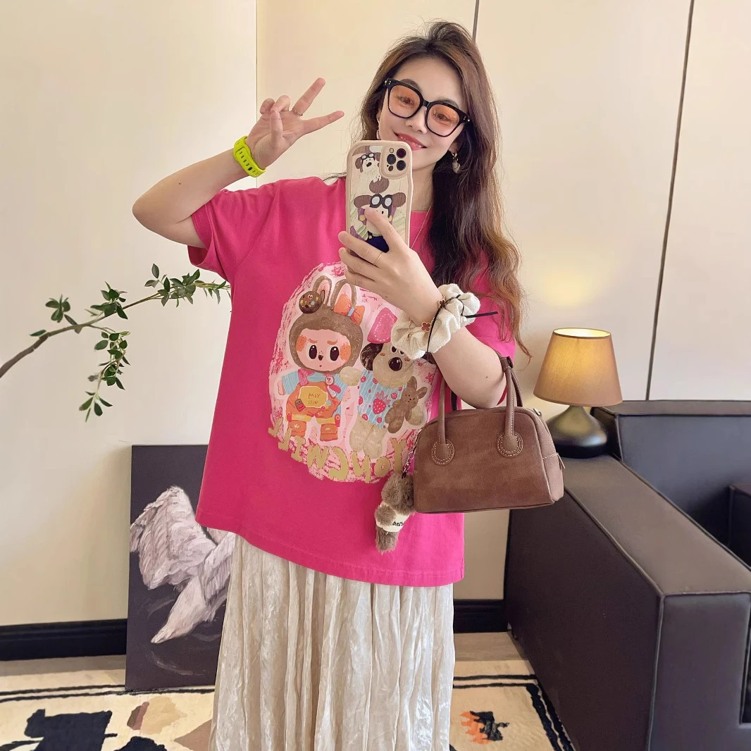 【新款爆款】纸袋小羊牵手拉布布无感卡通印花纯棉短袖T恤女夏季