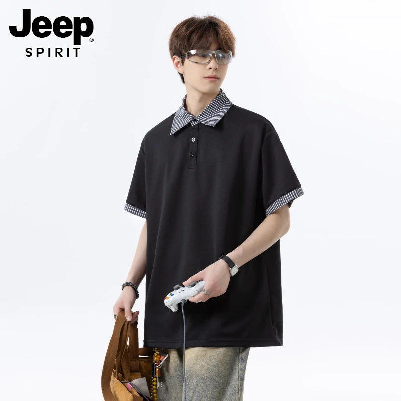 JEEPSPIRIT假两件格子拼接潮流衫男潮牌夏青少年半袖宽松学院风短