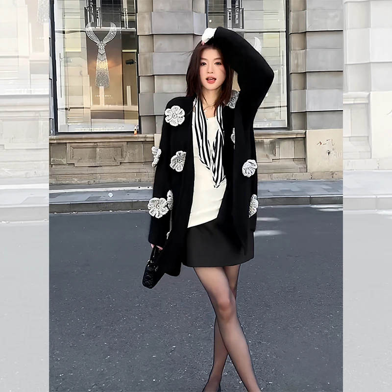 干练总裁女装黑色花朵针织开衫上衣秋冬季小众炸街高级感毛衣外套