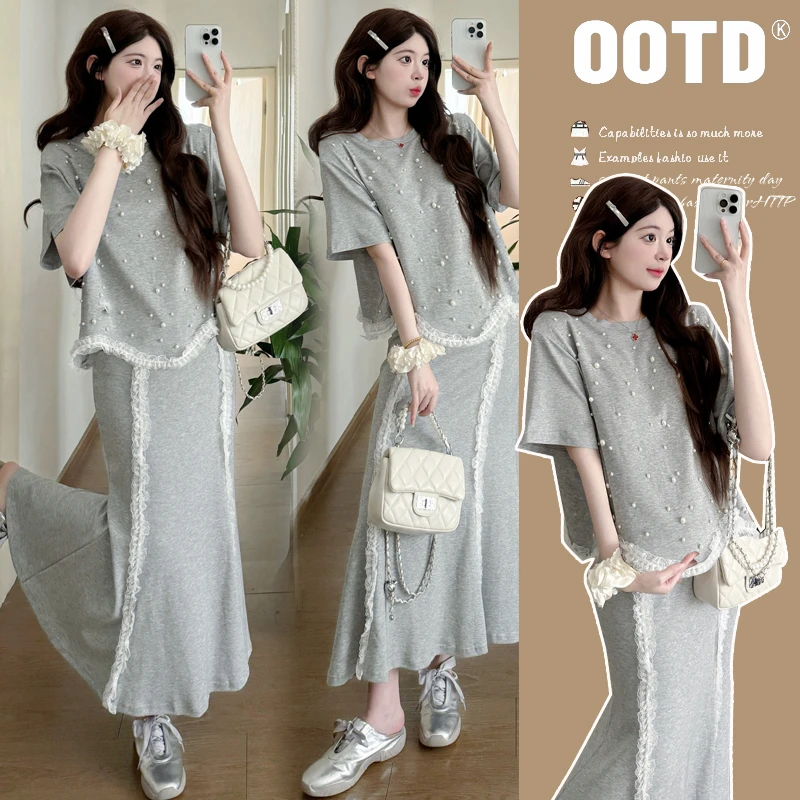 孕妇装夏季新款时尚气质蕾丝边钉珠短袖上衣显瘦鱼尾半身裙两件套