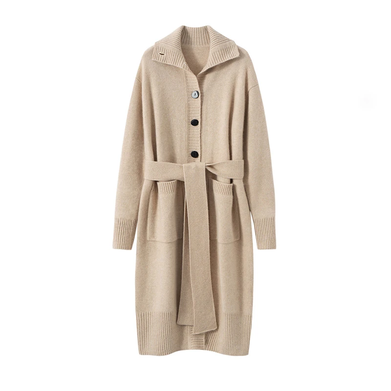 秋冬新款100%纯羊绒大衣女加厚中长款翻领系带老钱风外套