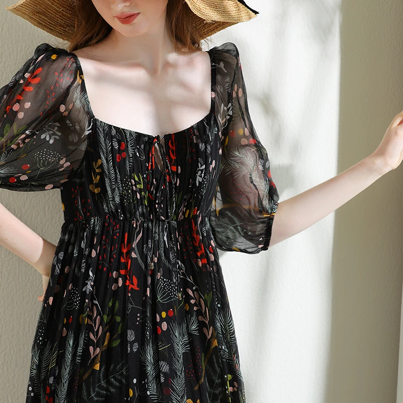 桑蚕丝碎花连衣裙显瘦气质夏季法式