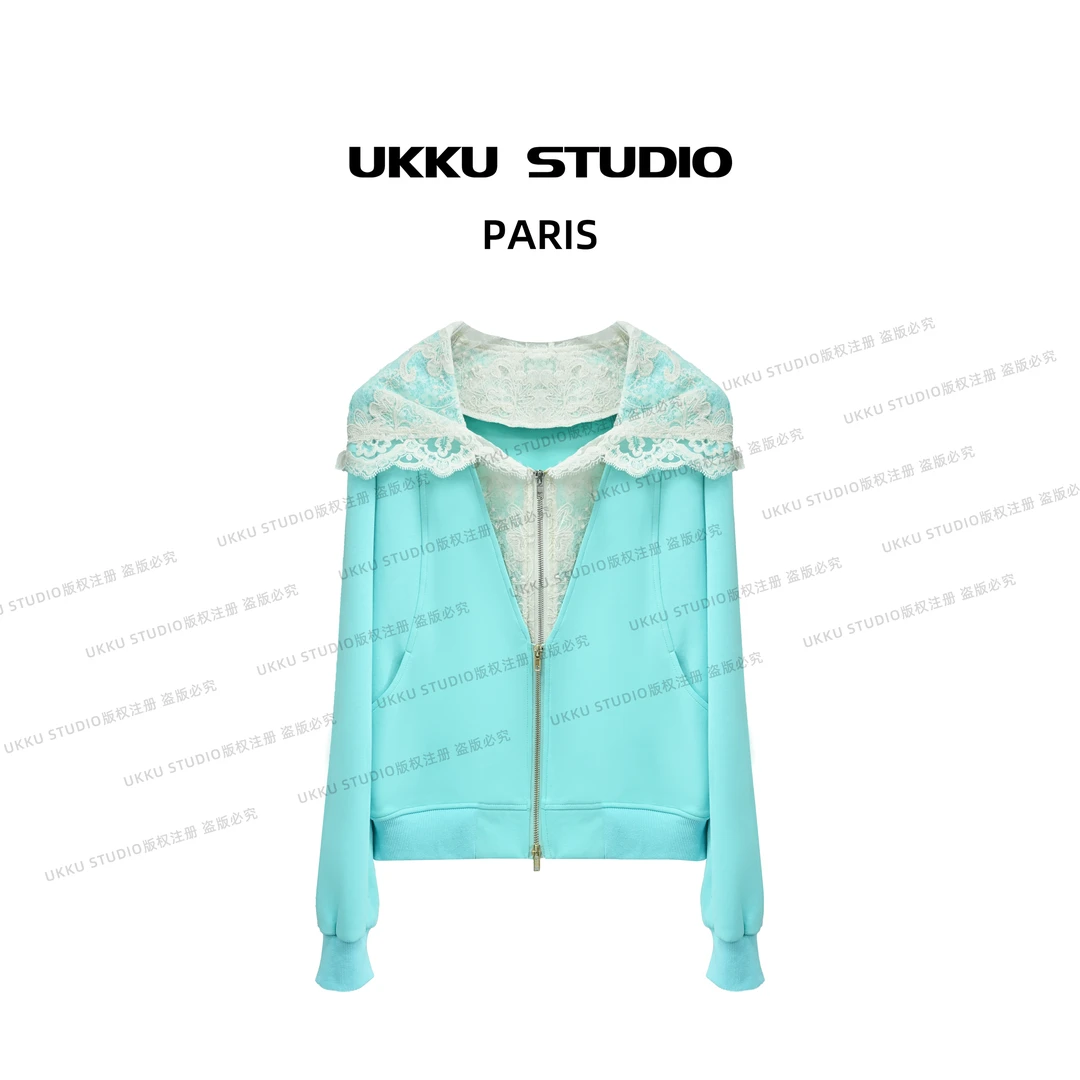 呦呦【UKKUSTUDIO】春款网红修身蓝色气质显白蕾丝帽卫衣613534