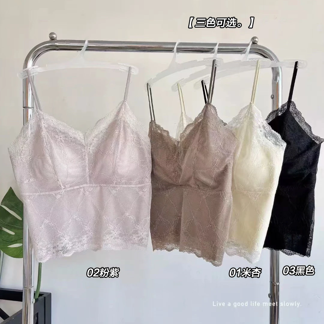 C3297蕾丝V领带胸垫一体可调节美背吊带背心