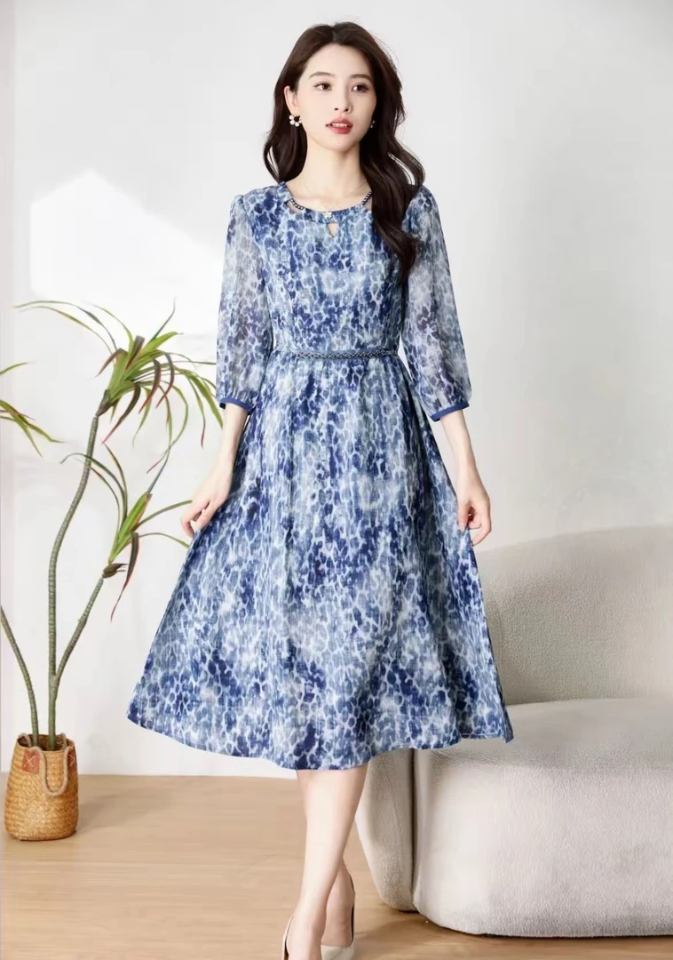 【蓝调时刻】高级夏季气质连衣裙时尚显瘦中长款裙子6222